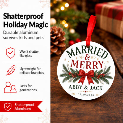 Married and Merry Ornament, Personalized First Christmas Married Keepsake, Newlywed Couples Ornament with Names & Date, Wedding Gift 2026