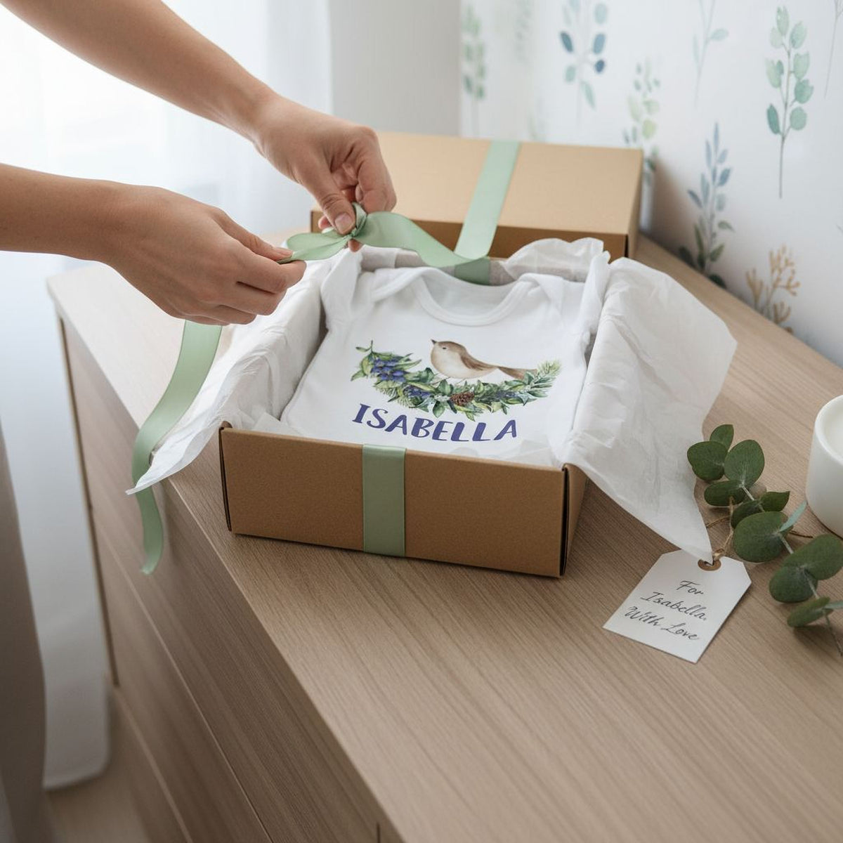 A person's hands are wrapping a gift box with a green ribbon, which contains a white t-shirt with a bird design and the name "Isabella" printed on it.