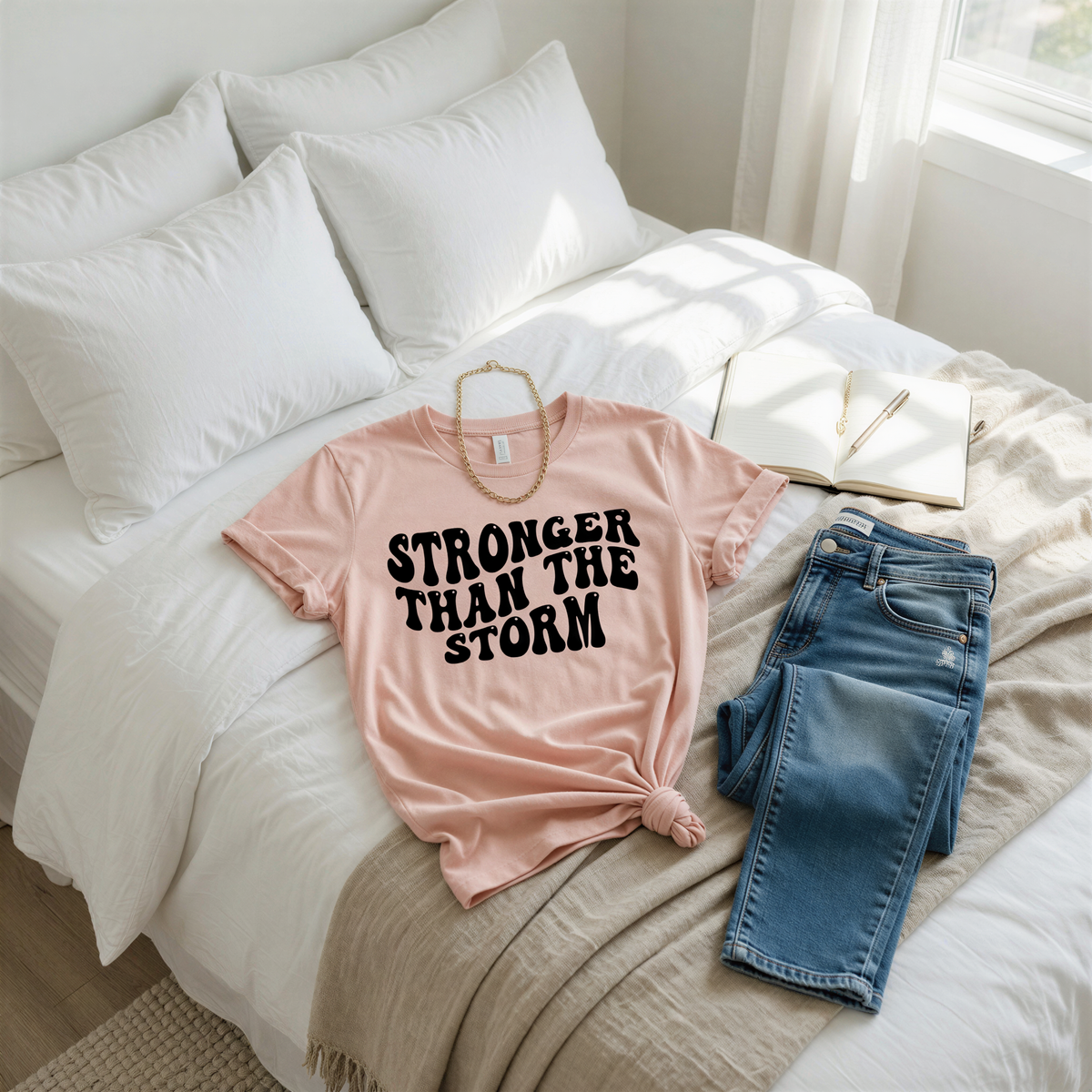 A pink t-shirt with the text "STRONGER THAN THE STORM" printed on it, along with a necklace and a pair of jeans, are laid out on a bed.