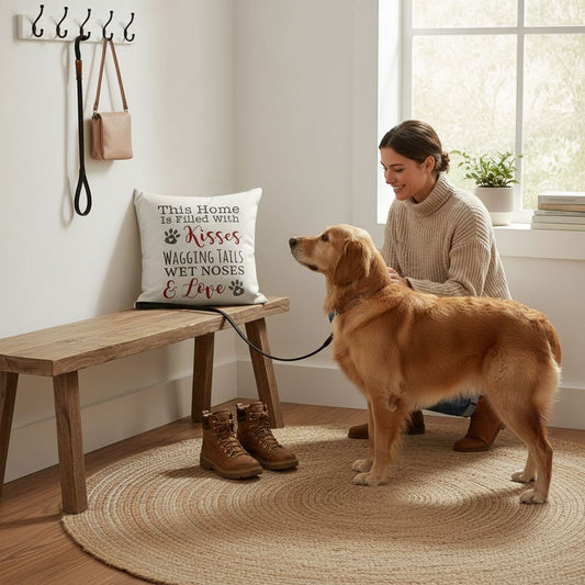 A woman in a beige sweater is kneeling down and petting a golden retriever dog in a room with a wooden bench, a window, and a decorative pillow.