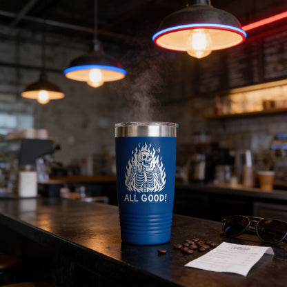 A blue tumbler with a white skull design and the text "ALL GOOD!" sits on a counter in a coffee shop, with a pair of sunglasses and a receipt nearby.