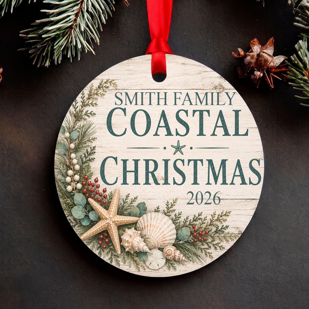 Personalized Coastal Christmas Ornament, Family Beach Christmas Keepsake with Name & Year, Nautical Seashell Ornament, Beach House Gift