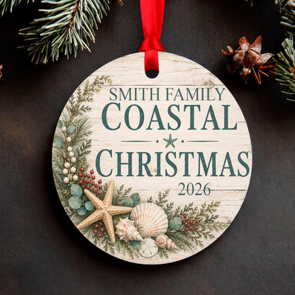 Personalized Coastal Christmas Ornament, Family Beach Christmas Keepsake with Name & Year, Nautical Seashell Ornament, Beach House Gift