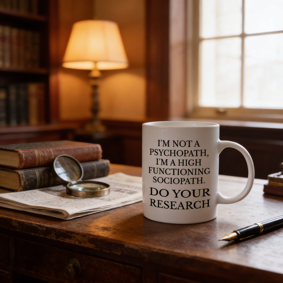 A mug with a humorous message sits on a wooden desk, surrounded by books, a lamp, and a pen, creating a cozy and intellectual atmosphere.