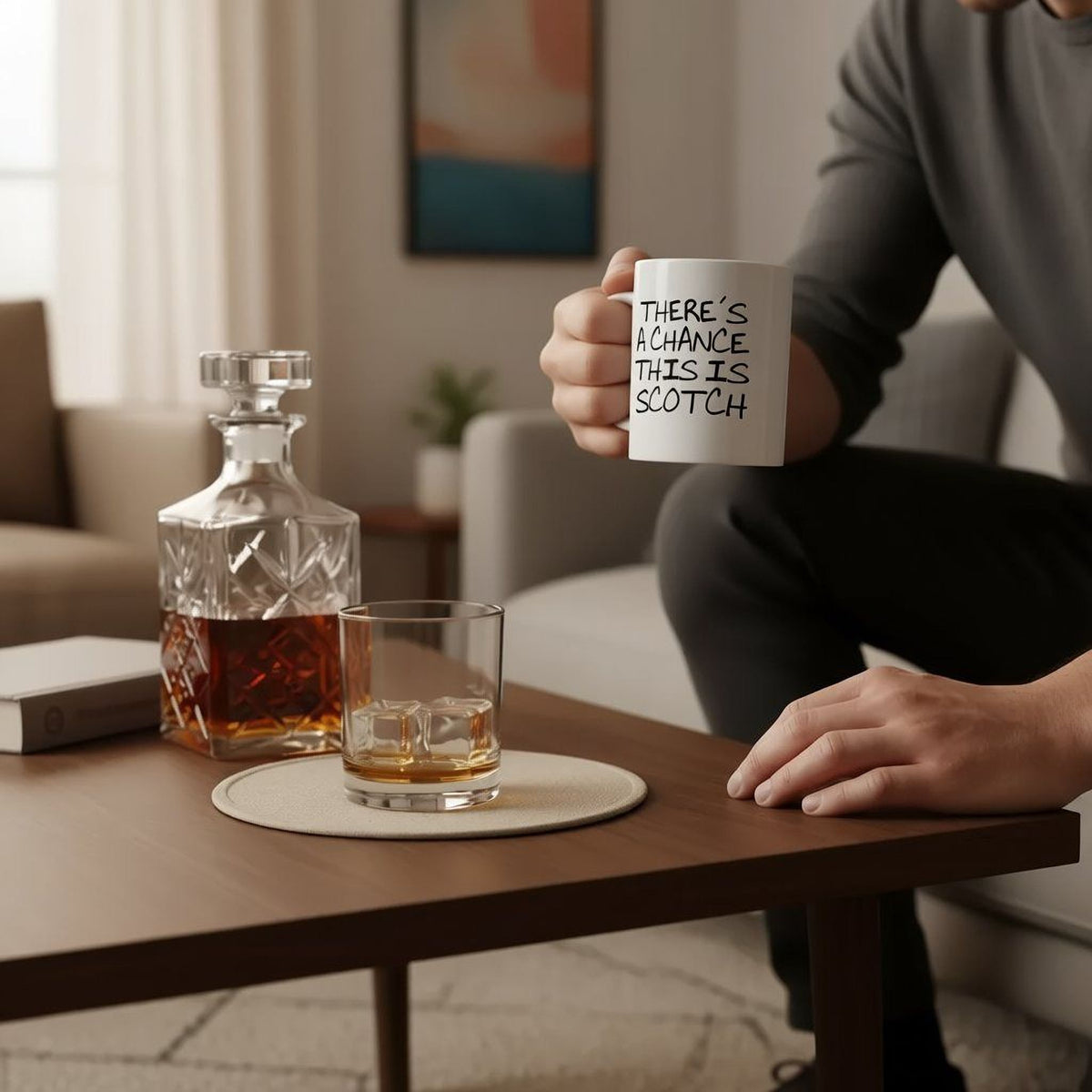 A person is sitting on a couch in a living room, holding a mug with the text "THERE'S A CHANCE THIS IS SCOTCH" written on it. The mug is placed on a wooden table, which also has a bottle of whiskey and a glass of whiskey.