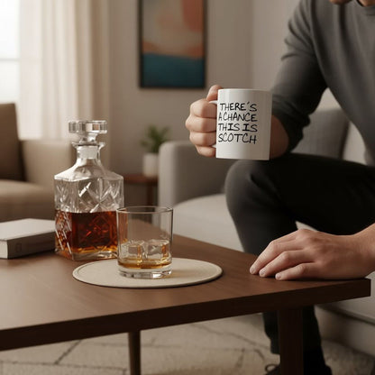 A person is sitting on a couch in a living room, holding a mug with the text "THERE'S A CHANCE THIS IS SCOTCH" written on it. The mug is placed on a wooden table, which also has a bottle of whiskey and a glass of whiskey.