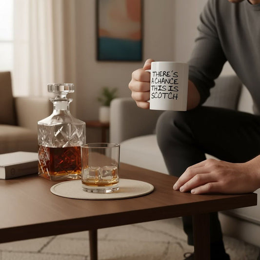 A person is sitting on a couch in a living room, holding a mug with the text "THERE'S A CHANCE THIS IS SCOTCH" written on it. The mug is placed on a wooden table, which also has a bottle of whiskey and a glass of whiskey.