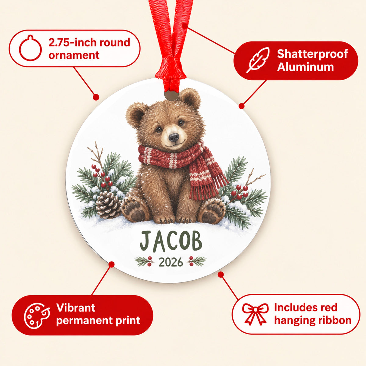 Personalized Bear Christmas Ornament, 2.75in Aluminum, Gift Boxed