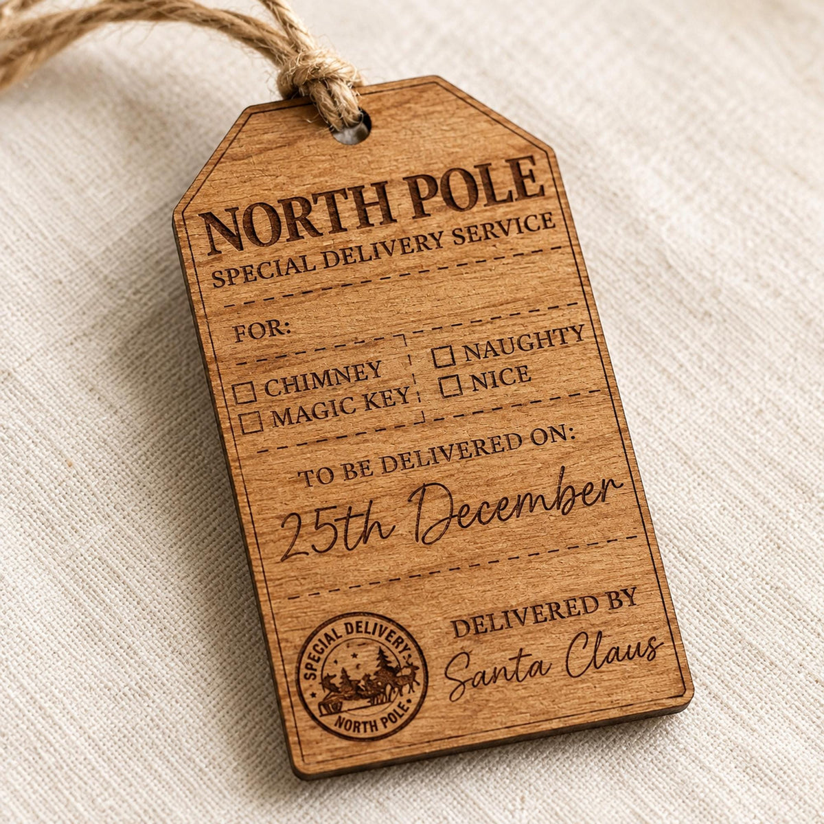 Personalized Santa Sack Tag, North Pole Special Delivery Wood Gift Tag, Custom Christmas Eve Box Tag, From Santa Keepsake, Stocking Tag