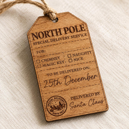 Personalized Santa Sack Tag, North Pole Special Delivery Wood Gift Tag, Custom Christmas Eve Box Tag, From Santa Keepsake, Stocking Tag