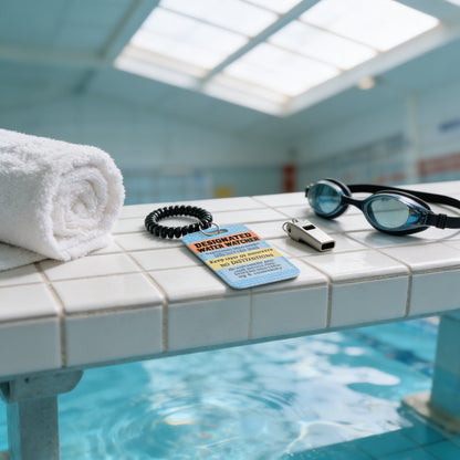 A swimming pool with a towel, goggles, and a whistle on the edge of the pool.