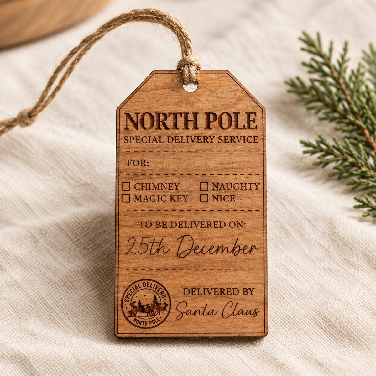 Personalized Santa Sack Tag, North Pole Special Delivery Wood Gift Tag, Custom Christmas Eve Box Tag, From Santa Keepsake, Stocking Tag