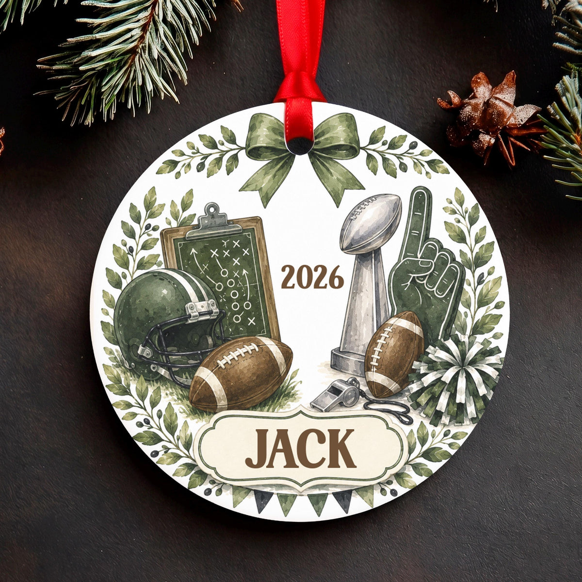 Personalized Football Ornament, Custom Name Christmas Tree Decor, Sports Fan Gift, Aluminum Round, Kid Pet Friendly
