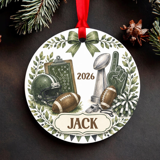 Personalized Football Ornament, Custom Name Christmas Tree Decor, Sports Fan Gift, Aluminum Round, Kid Pet Friendly