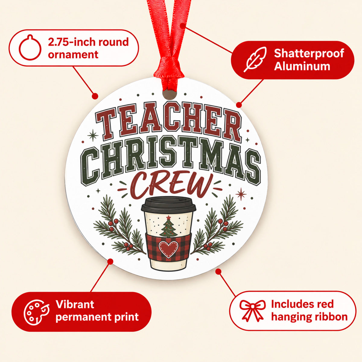 Teacher Christmas Crew Ornament, Coffee Lover Teacher Gift, Holiday Tree Decor, School Staff Appreciation, Round Aluminum