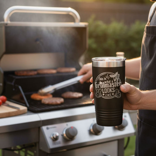 A person is grilling hamburgers on a barbecue grill, holding a black tumbler with a humorous text printed on it.