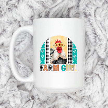 Farm Girl Mug – Rustic Farmhouse Coffee Cup with Sunflower Chicken Art