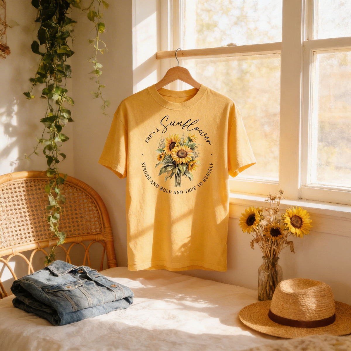 a yellow t-shirt with a sunflower design hanging on a wooden hanger, placed on a bed next to a denim jacket and a straw hat. The scene is set against a backdrop of a window with a plant and a woven chair, creating a cozy and inviting atmosphere.