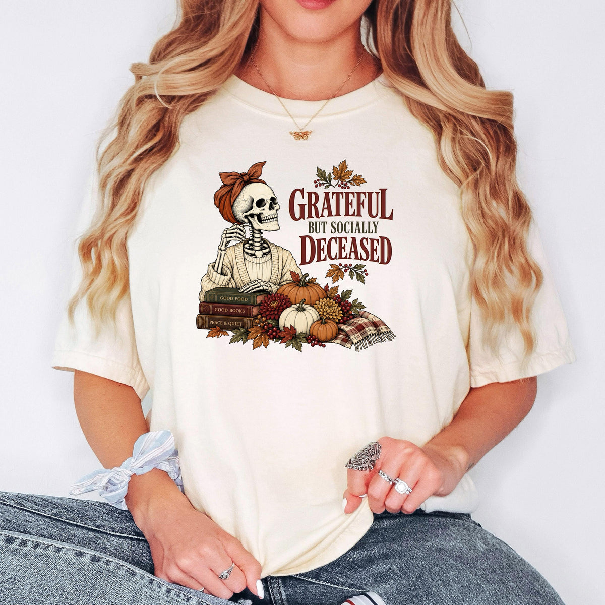 Grateful But Socially Deceased Shirt, Introvert Book Lover Tee, Funny Fall Skeleton Shirt, Bookish Fall Gift, Homebody Reading Top
