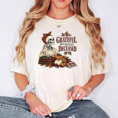Grateful But Socially Deceased Shirt, Introvert Book Lover Tee, Funny Fall Skeleton Shirt, Bookish Fall Gift, Homebody Reading Top