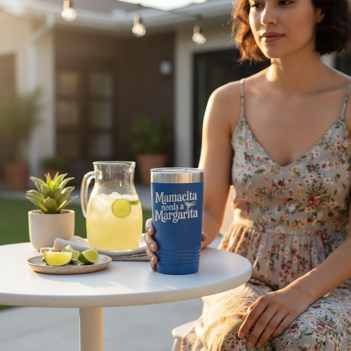 A woman in a floral dress is sitting at a table with a pitcher of lemonade and a blue mug with the text "MamaCita Rocks Margarita" on it.
