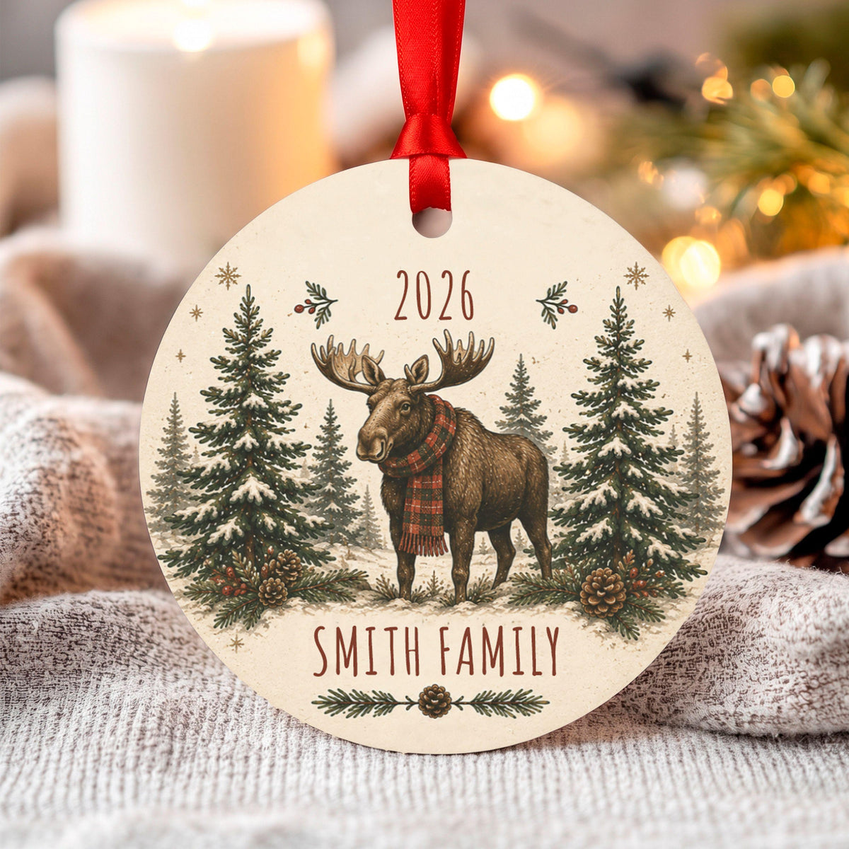 Personalized Moose Family Christmas Ornament 2026, Custom Name Holiday Decor, Rustic Winter Animal Tree Decoration, Gift Box
