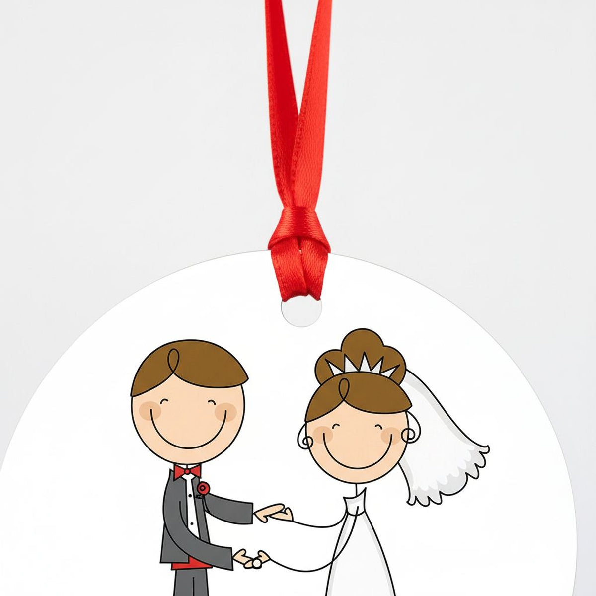 A cartoon illustration of a bride and groom holding hands, with a red ribbon hanging above them.