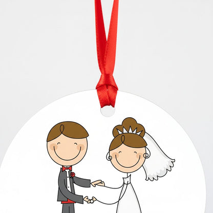 A cartoon illustration of a bride and groom holding hands, with a red ribbon hanging above them.