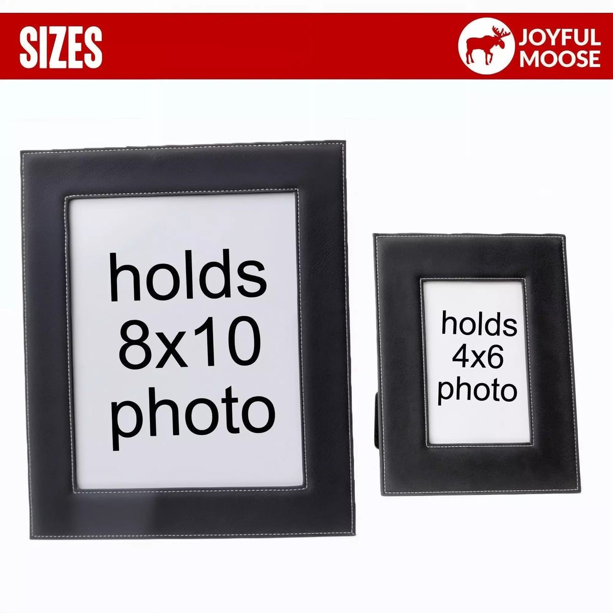 two black picture frames with text on them, indicating the size of the photo they can hold.