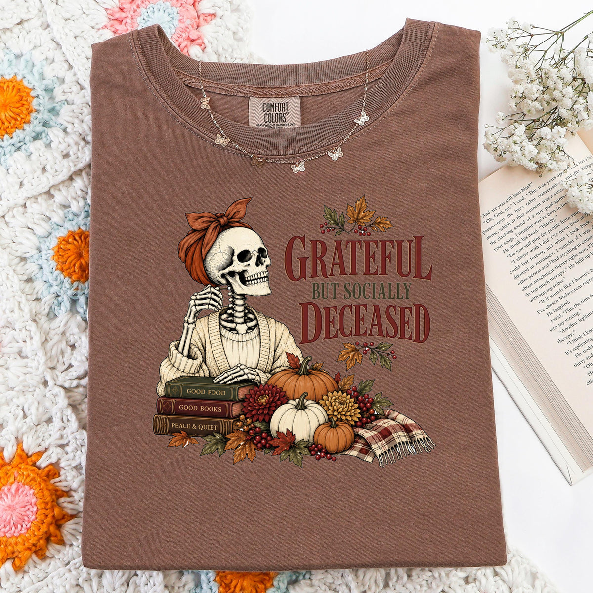 Grateful But Socially Deceased Shirt, Introvert Book Lover Tee, Funny Fall Skeleton Shirt, Bookish Fall Gift, Homebody Reading Top