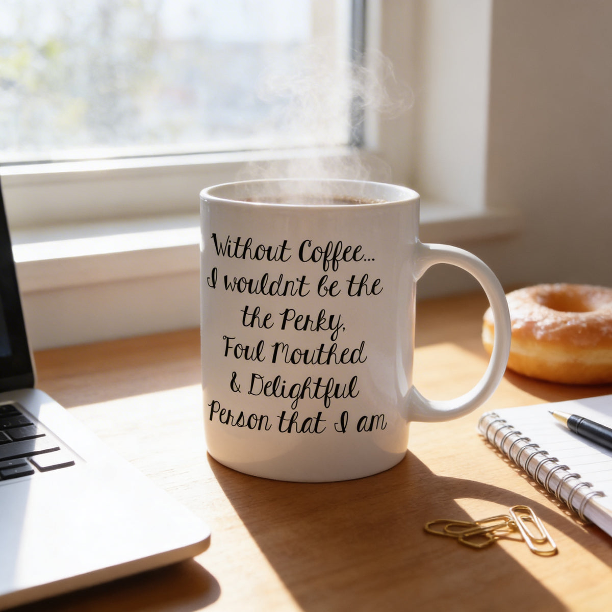 A white coffee mug with a humorous quote about coffee and a person, placed on a wooden desk next to a laptop and a donut.