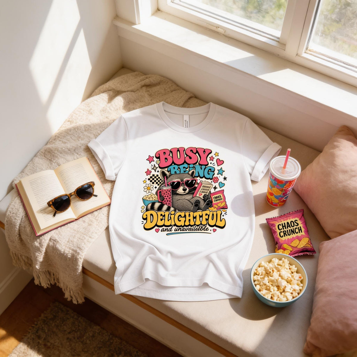 A white t-shirt with a colorful graphic design, a pair of sunglasses, a book, a bowl of popcorn, and a bag of chips are arranged on a window sill.