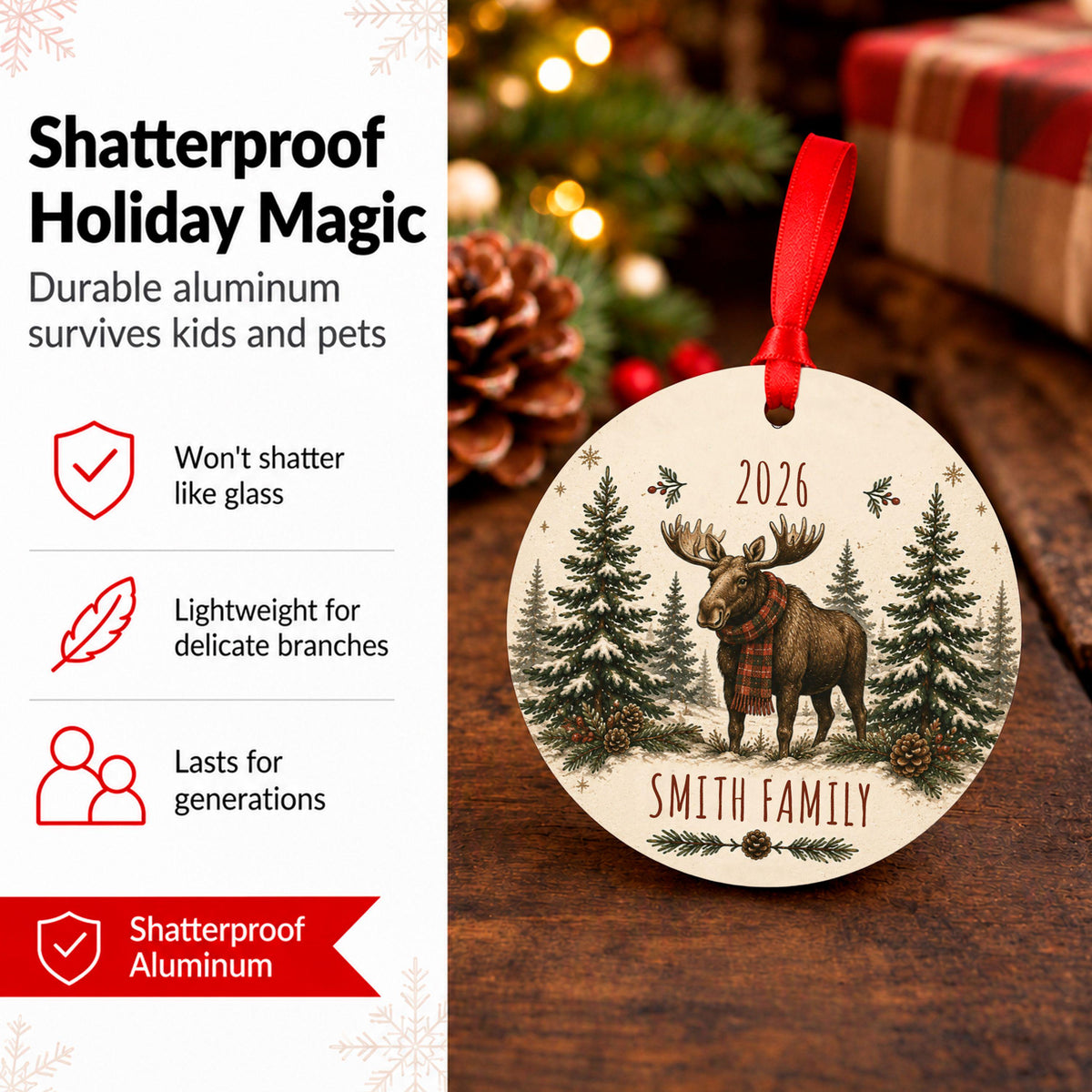 Personalized Moose Family Christmas Ornament 2026, Custom Name Holiday Decor, Rustic Winter Animal Tree Decoration, Gift Box
