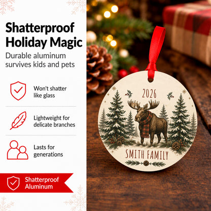 Personalized Moose Family Christmas Ornament 2026, Custom Name Holiday Decor, Rustic Winter Animal Tree Decoration, Gift Box