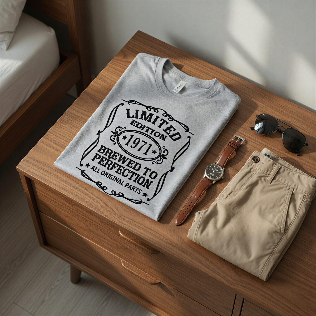 A gray t-shirt with a vintage-style design, a pair of khaki pants, a watch, and sunglasses are arranged on a wooden dresser.