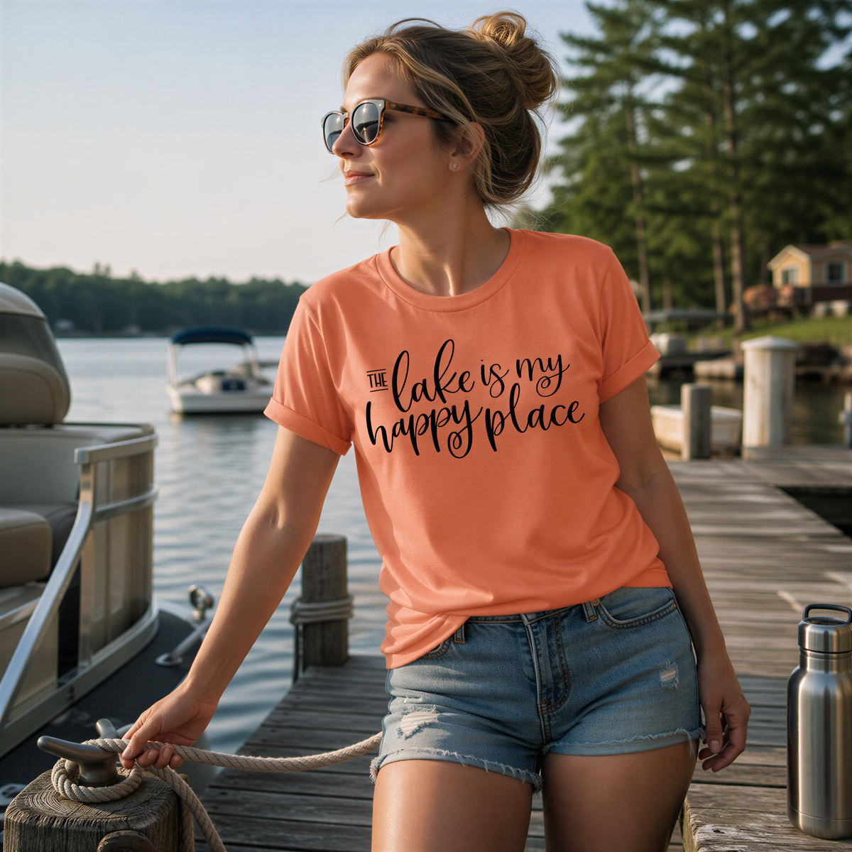 A woman wearing sunglasses and a t-shirt with the text "The lake is my happy place" stands on a dock, looking out at a lake with a boat in the background.