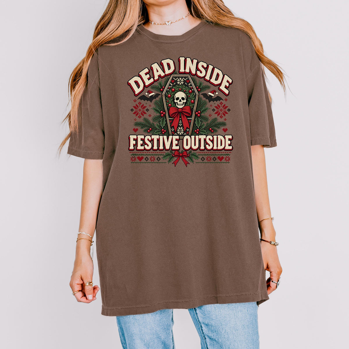 Dead Inside Festive Outside Shirt, Goth Christmas Tee, Funny Skeleton Christmas Shirt, Spooky Ugly Christmas Sweater Style, Creepmas Gift