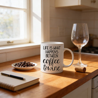 a kitchen counter with a mug, a wine glass, a bowl of coffee beans, a notebook, and a pen.