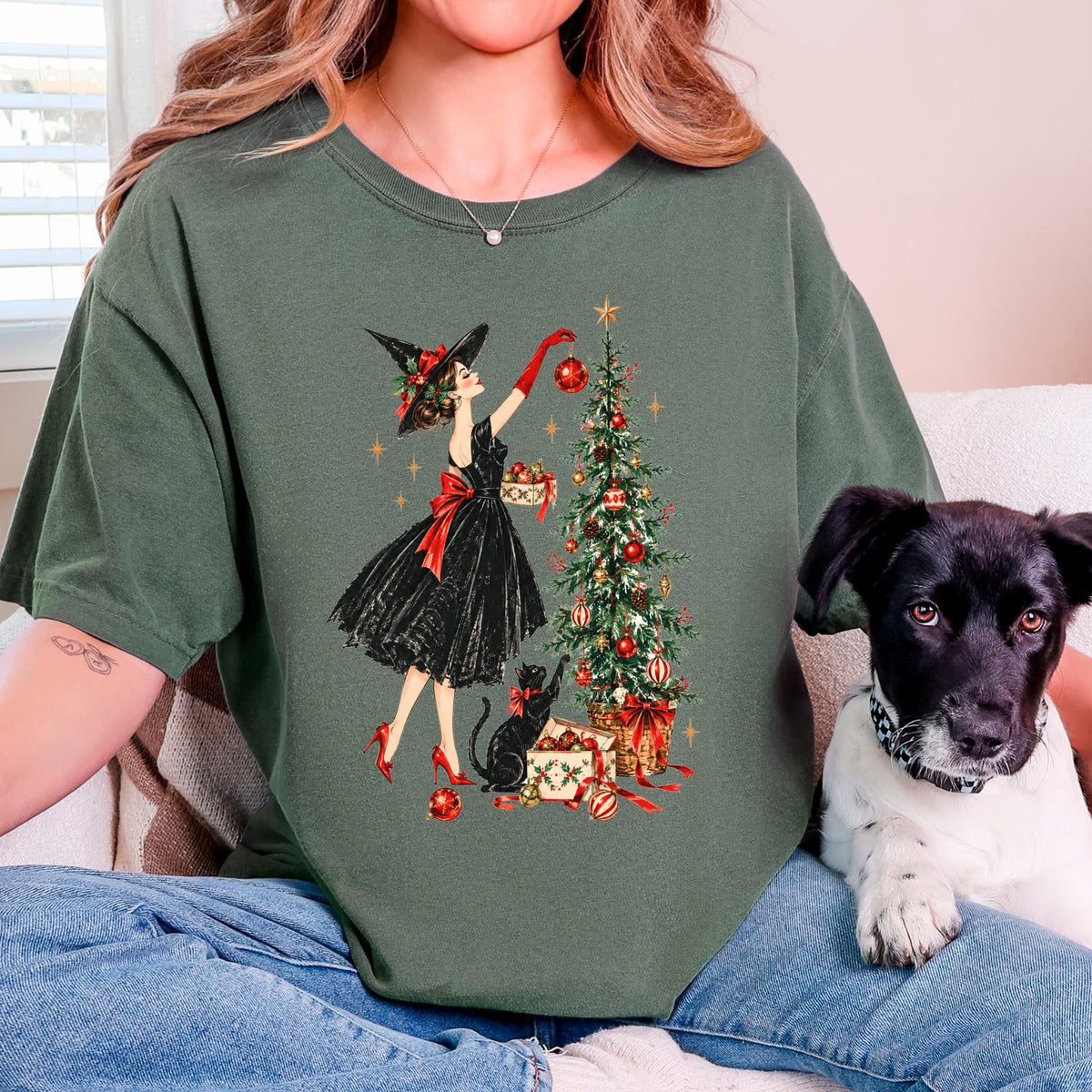 Vintage Christmas Witch Shirt, Elegant Witchy Christmas Tee for Her, Witch Decorating Tree with Black Cat, Retro Cottagecore Xmas Gift