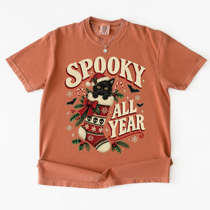 Spooky All Year Shirt, Black Cat Christmas Tee, Goth Christmas Shirt, Creepmas Spooky Christmas Cat Gift, Witchy Christmas Cat Lover Top