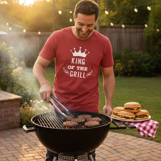 A man in a red t-shirt is grilling hamburgers on a barbecue grill, surrounded by a patio setting with string lights and greenery.