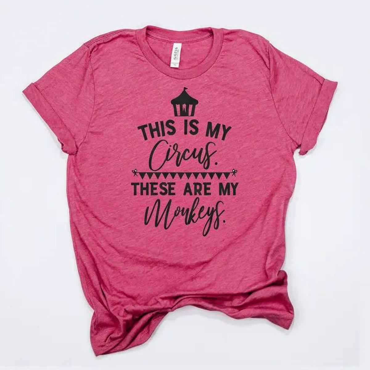 The image is a pink t-shirt with a printed text that reads "THIS IS MY CIRCUS. THESE ARE MY MONKEYS."