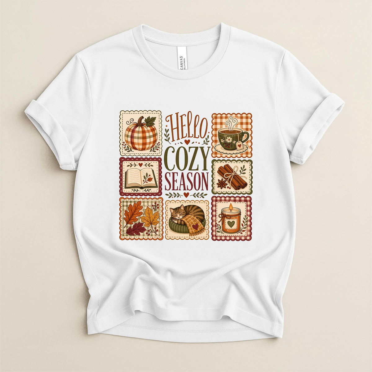 Fall Graphic Tee, Cozy Hello Season Pumpkin Cat Coffee Shirt Cozy
