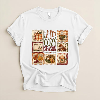 Fall Graphic Tee, Cozy Hello Season Pumpkin Cat Coffee Shirt Cozy