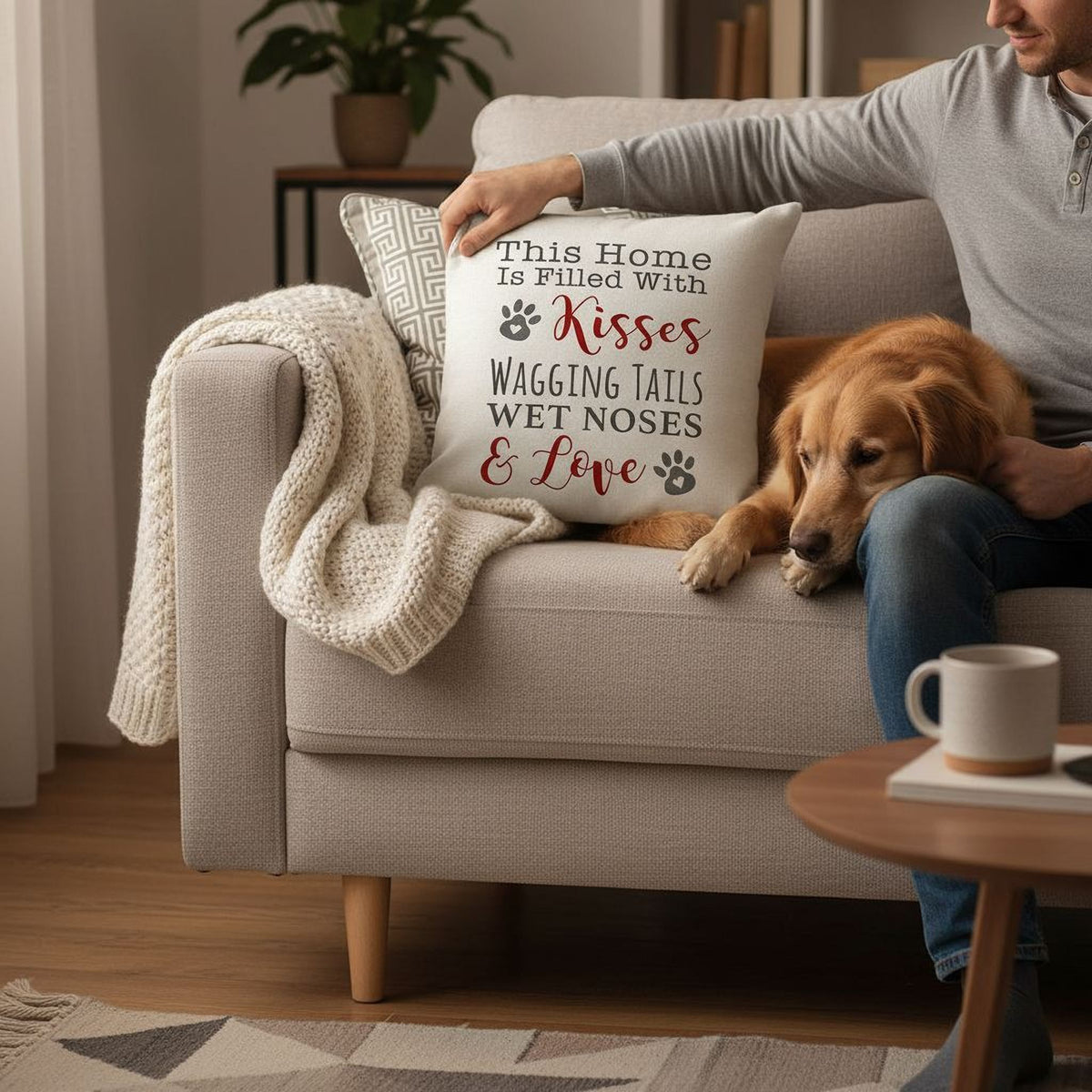 A man sits on a couch with a dog, holding a pillow that says "This Home is Filled with Kisses, Wagging tails, Wets noses & love".