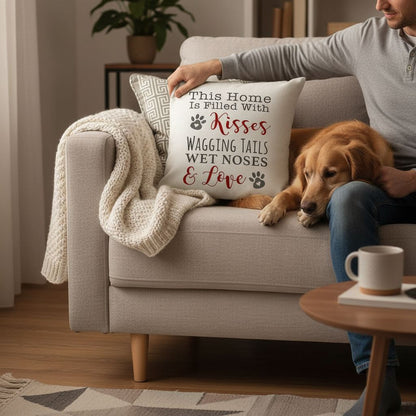 A man sits on a couch with a dog, holding a pillow that says "This Home is Filled with Kisses, Wagging tails, Wets noses & love".