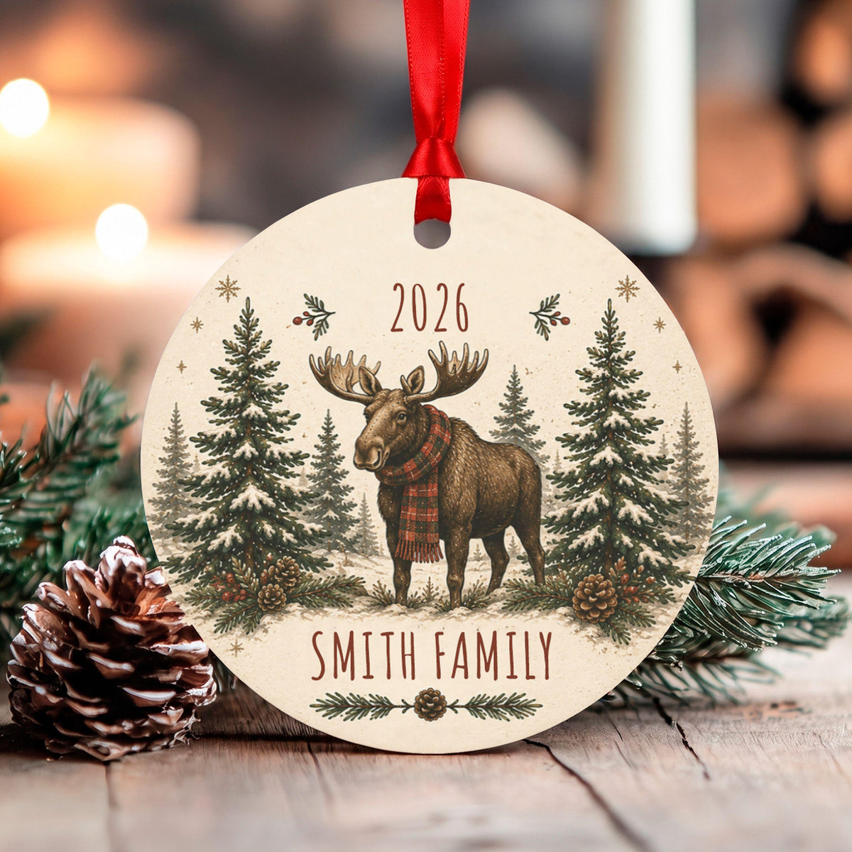 Personalized Moose Family Christmas Ornament 2026, Custom Name Holiday Decor, Rustic Winter Animal Tree Decoration, Gift Box