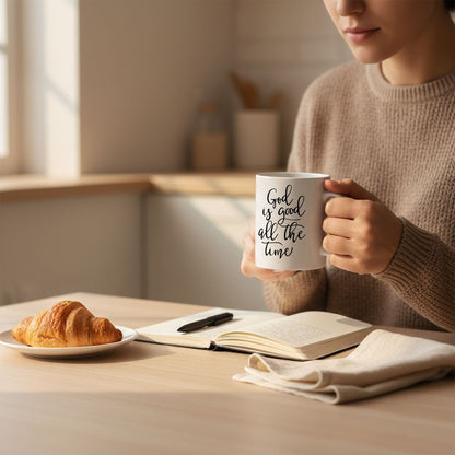 A person is sitting at a table, holding a mug with the text "God is good all the time" written on it. There is a plate of food, specifically a croissant, in front of the person.