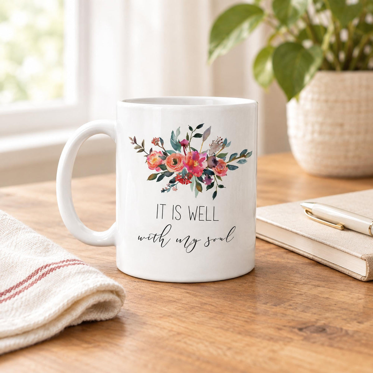 It Is Well With My Soul Mug, Floral Christian Coffee Mug, Scripture Bible Verse Mug, Inspirational Faith Gift for Women, Religious Gift