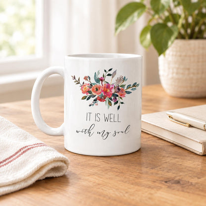 It Is Well With My Soul Mug, Floral Christian Coffee Mug, Scripture Bible Verse Mug, Inspirational Faith Gift for Women, Religious Gift